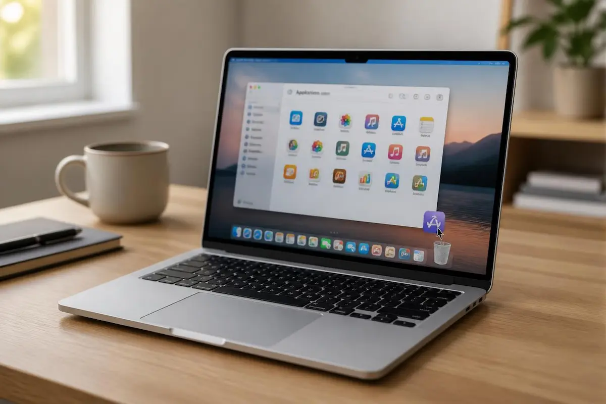 MacBook on a desk showing the Applications folder in Finder with an app icon being dragged to the Trash