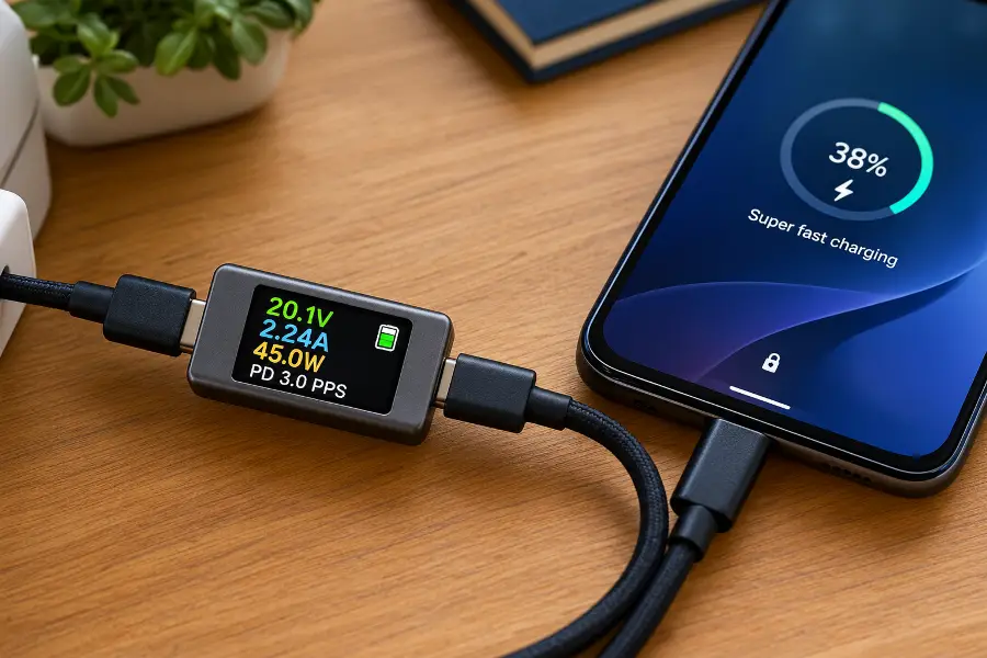 Ελεγκτής USB-C που δείχνει Volt, Ampere και Watt κατά τη φόρτιση κινητού