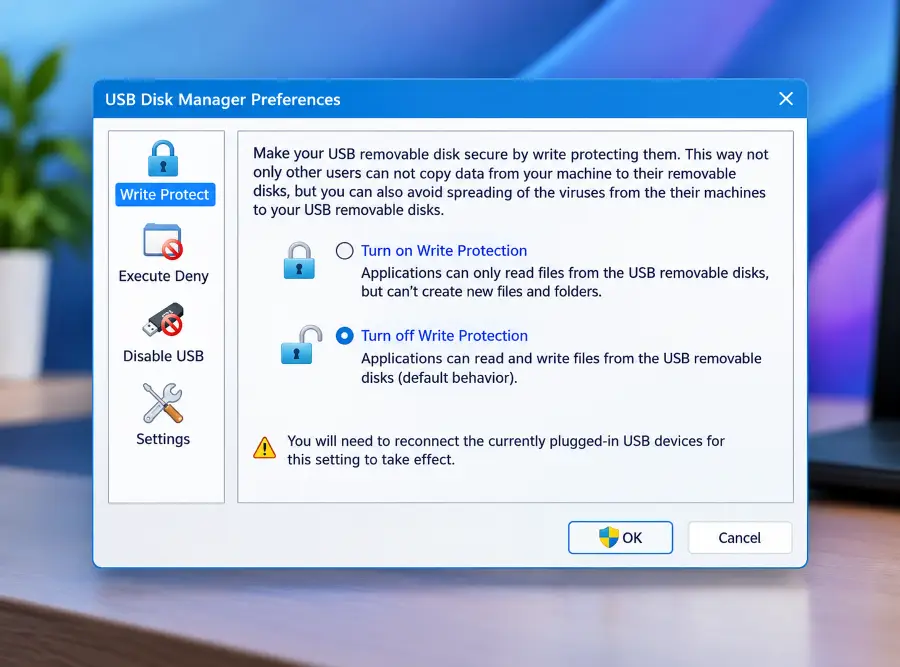Η καρτέλα προστασίας εγγραφής του USB Disk Manager με την προστασία απενεργοποιημένη
