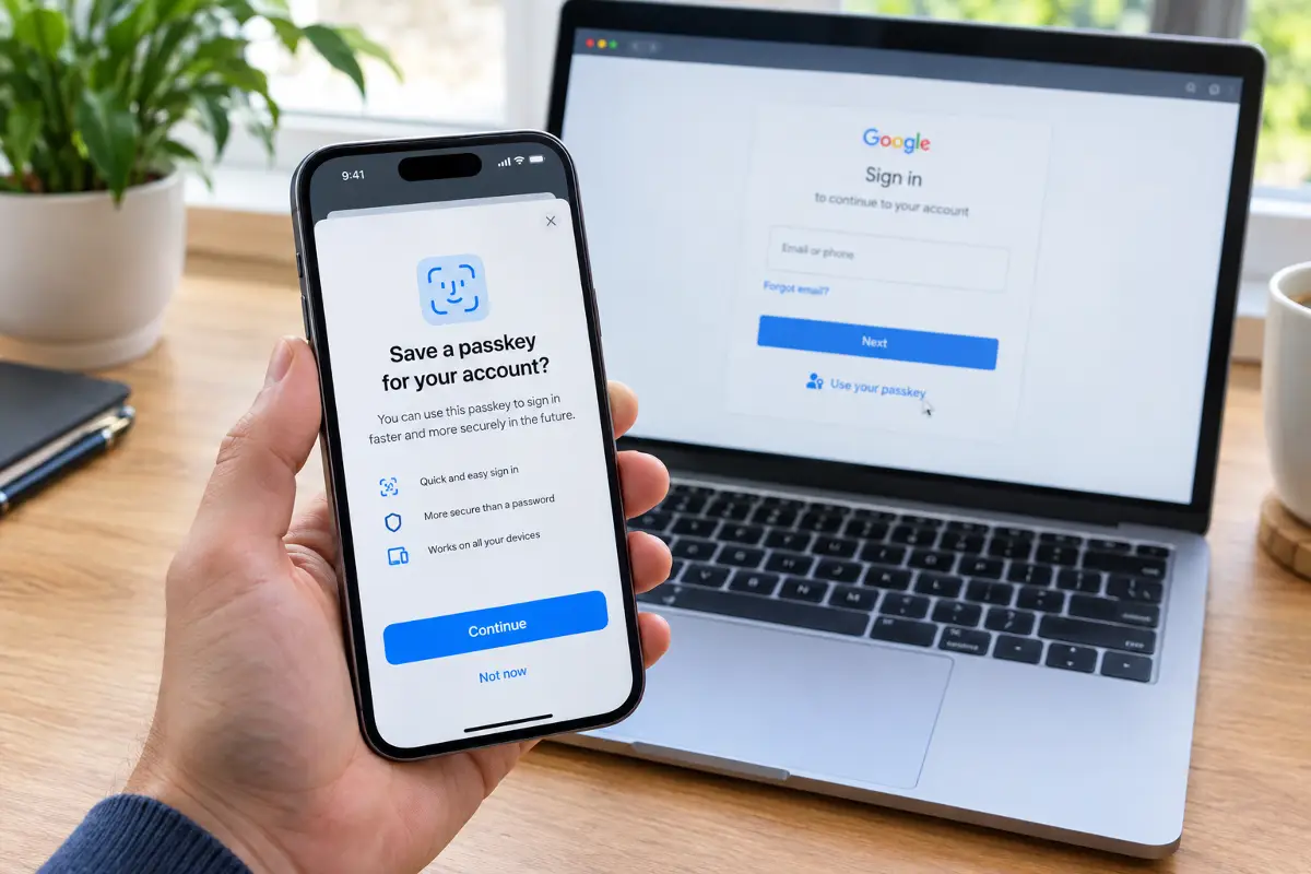 iPhone showing the Save a passkey prompt with Face ID next to a laptop Google sign-in page