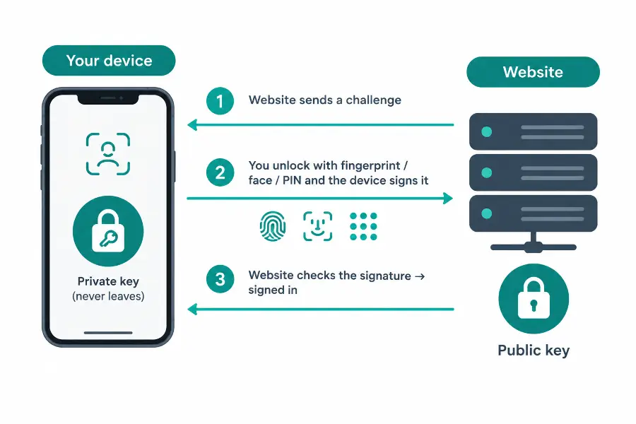Diagram showing how a passkey sign-in works between a phone and a website