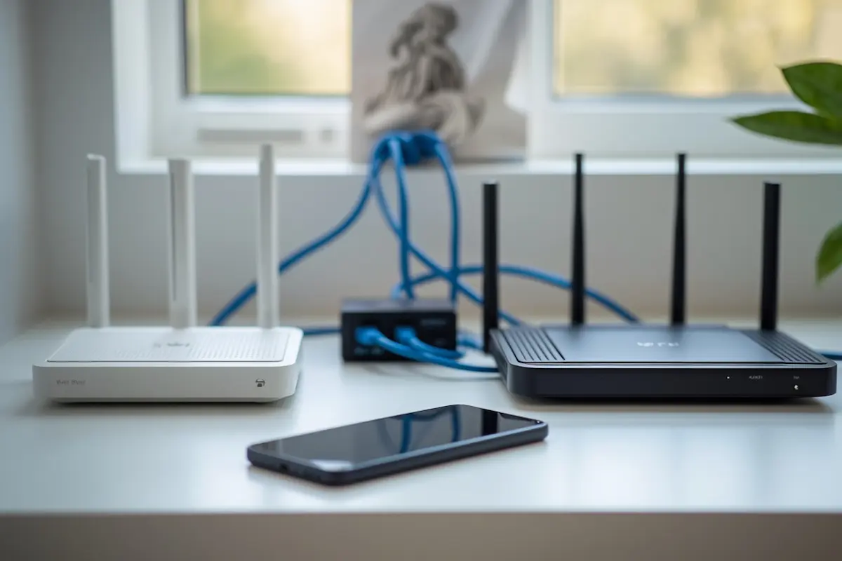 A Wi-Fi 6 router and a newer Wi-Fi 7 router side by side on a living room shelf