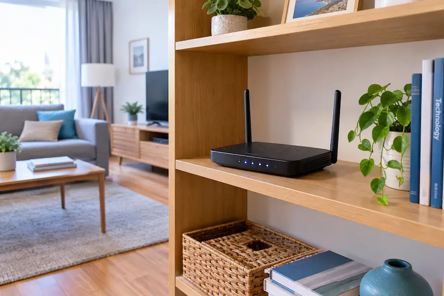 Router τοποθετημένος σε ανοιχτό ράφι στο κέντρο του σαλονιού