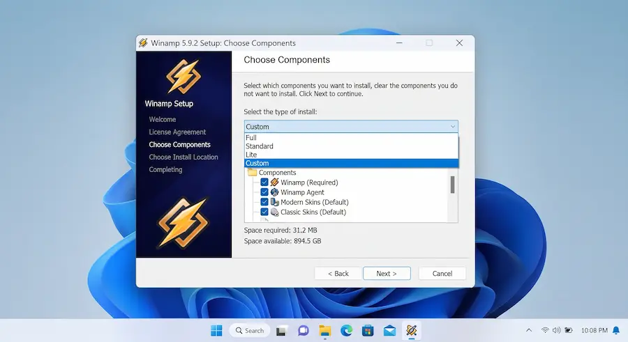 Οθόνη εγκατάστασης του Winamp στα Windows με τις επιλογές Full, Standard, Lite και Custom