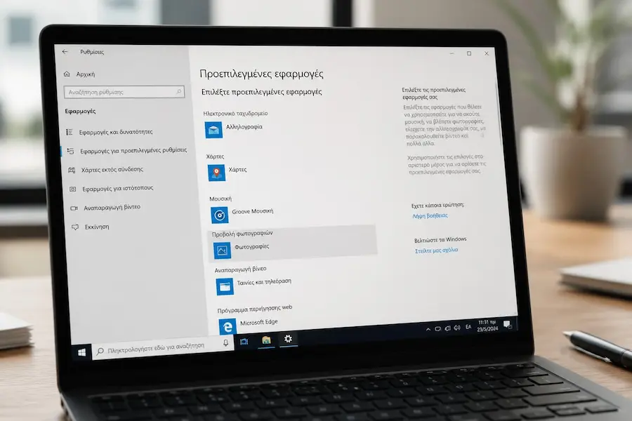 Οθόνη υπολογιστή με Windows 10 και τις Ρυθμίσεις ανοιχτές στις Προεπιλεγμένες εφαρμογές, στην ενότητα Προβολή φωτογραφιών