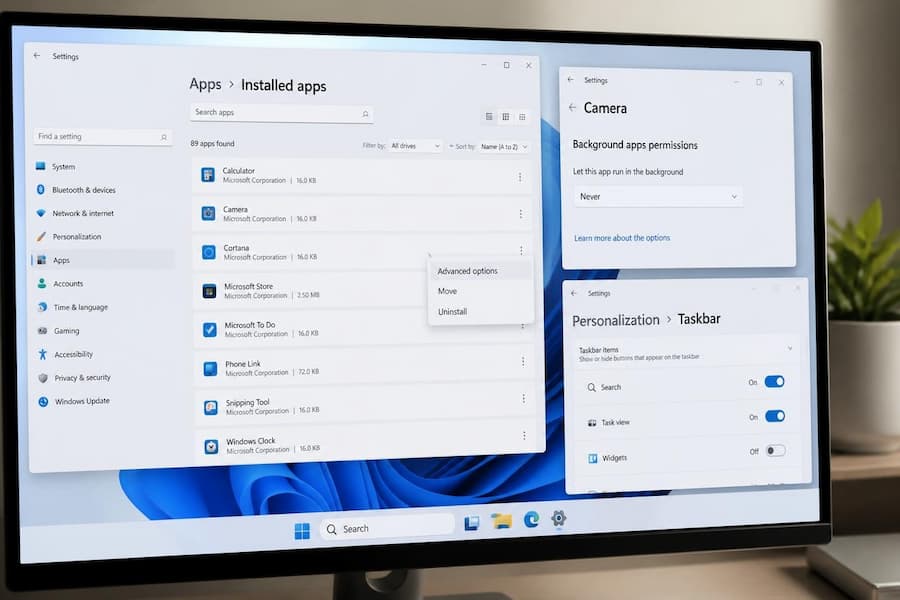 Windows 11 Settings showing background app permissions and the Widgets toggle on the taskbar