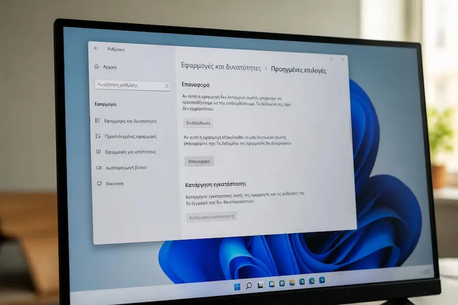 Οθόνη υπολογιστή με Windows 11 και τις Προηγμένες επιλογές μιας εφαρμογής με τα κουμπιά Επιδιόρθωση και Επαναφορά