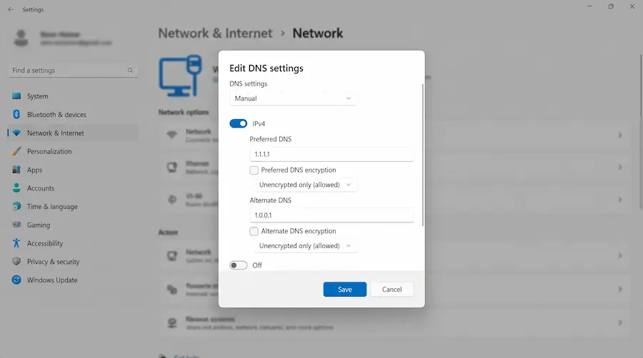 The Windows 11 DNS settings dialog with manual IPv4 addresses entered