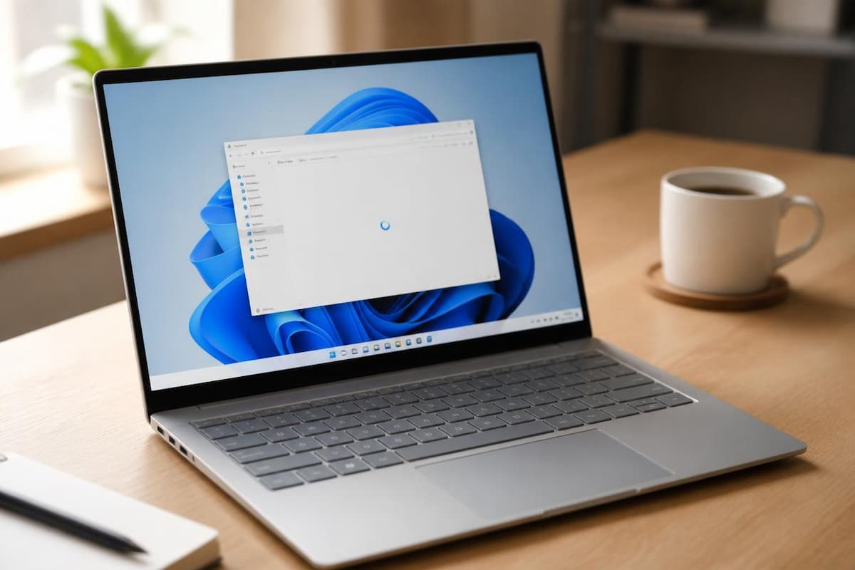 Laptop running Windows 11 with a loading spinner next to the mouse cursor on a slow PC