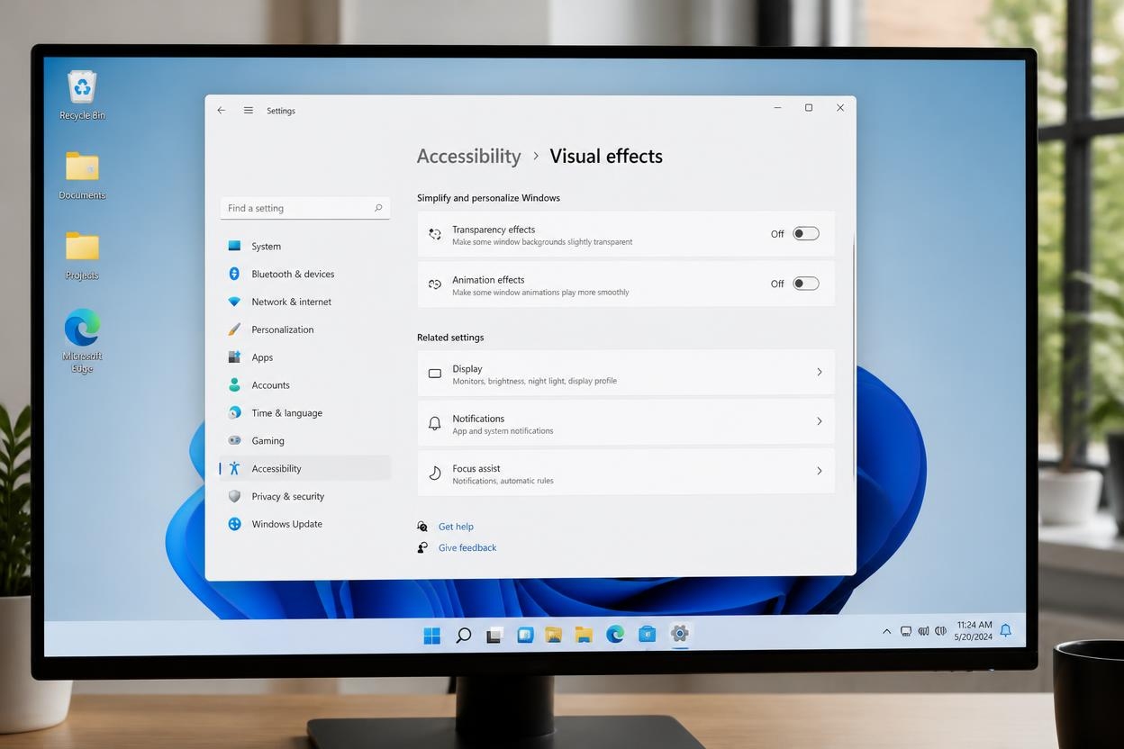 Windows 11 Visual effects settings with transparency and animation effects turned off next to a tidy desktop