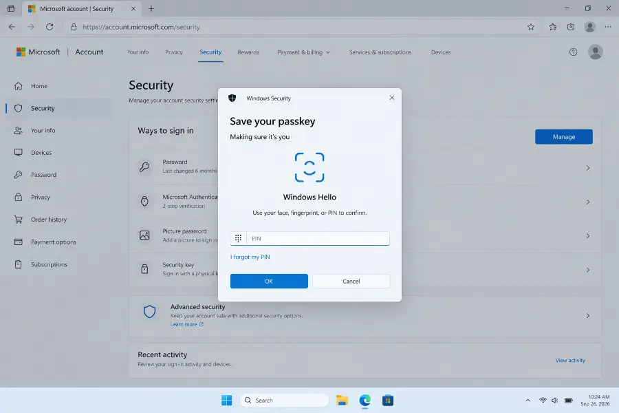 Windows Hello prompt asking to save a passkey for the Microsoft account