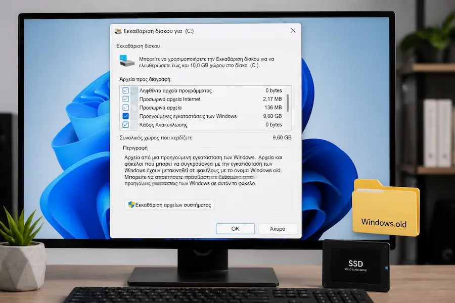 Εκκαθάριση δίσκου στα Windows με επιλεγμένη την επιλογή Προηγούμενες εγκαταστάσεις των Windows για διαγραφή του φακέλου Windows.old