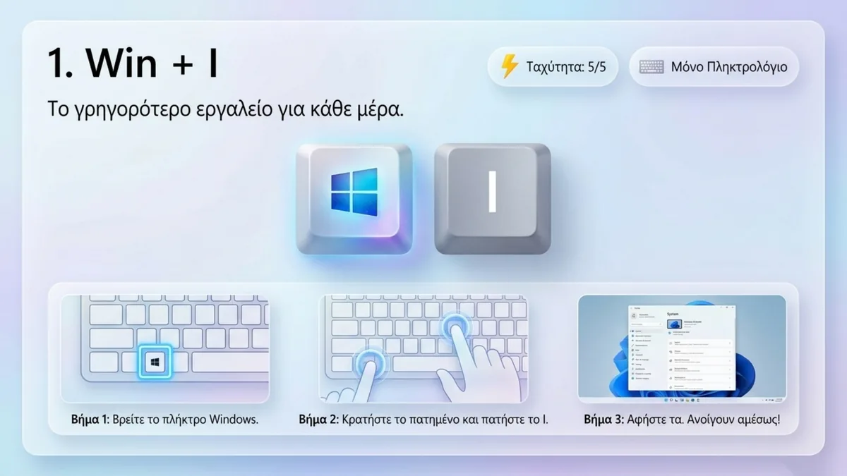 Τρόπος 1: συντόμευση Win + I, τρία βήματα με τα πλήκτρα Windows και I