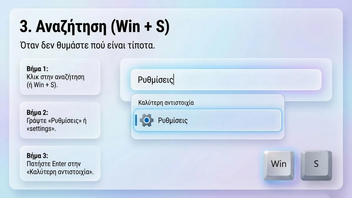 Τρόπος 3: αναζήτηση με Win + S και η εφαρμογή Ρυθμίσεις ως καλύτερη αντιστοιχία