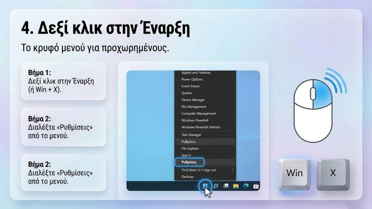 Τρόπος 4: δεξί κλικ στην Έναρξη ή Win + X και επιλογή Ρυθμίσεις από το μενού