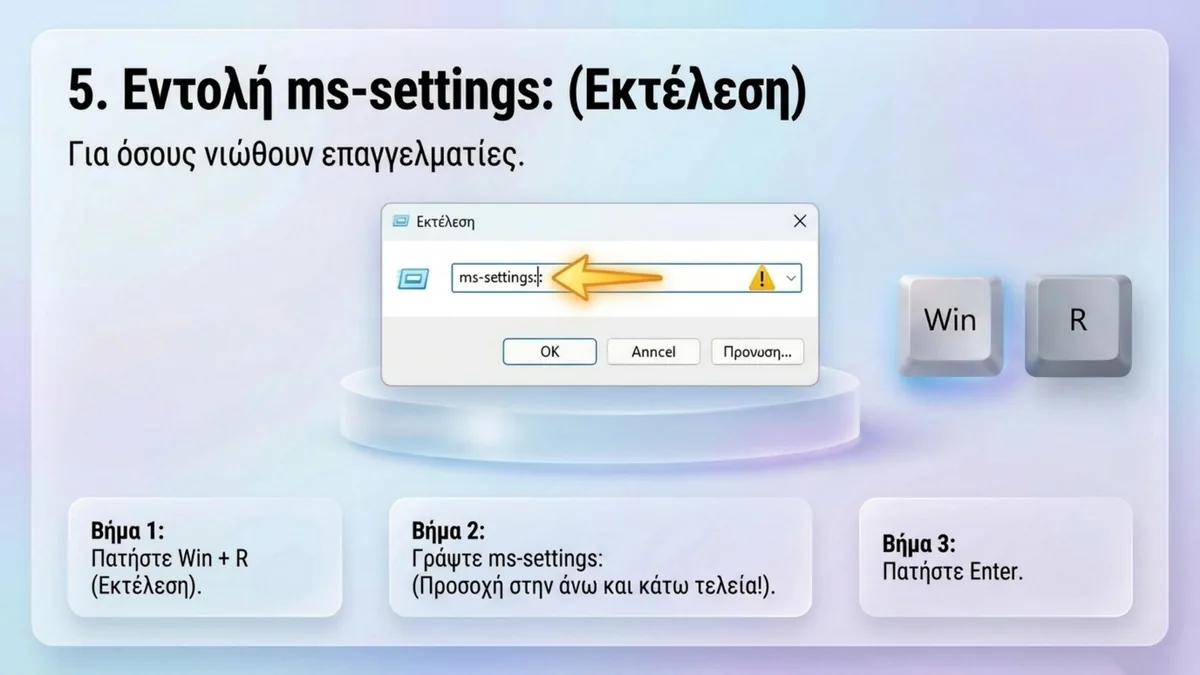 Τρόπος 5: το παράθυρο Εκτέλεση με την εντολή ms-settings: μετά από Win + R