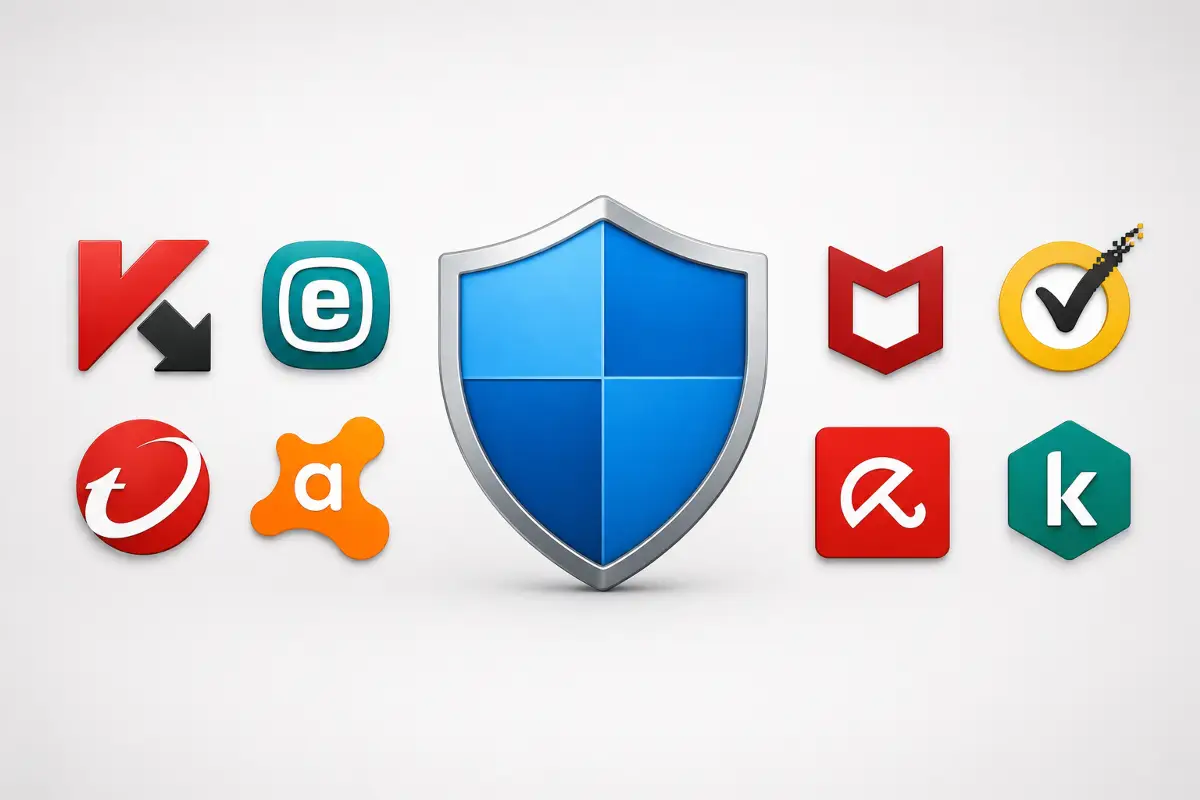 Windows Defender εικονίδιο ασπίδας δίπλα σε λογότυπα antivirus προγραμμάτων